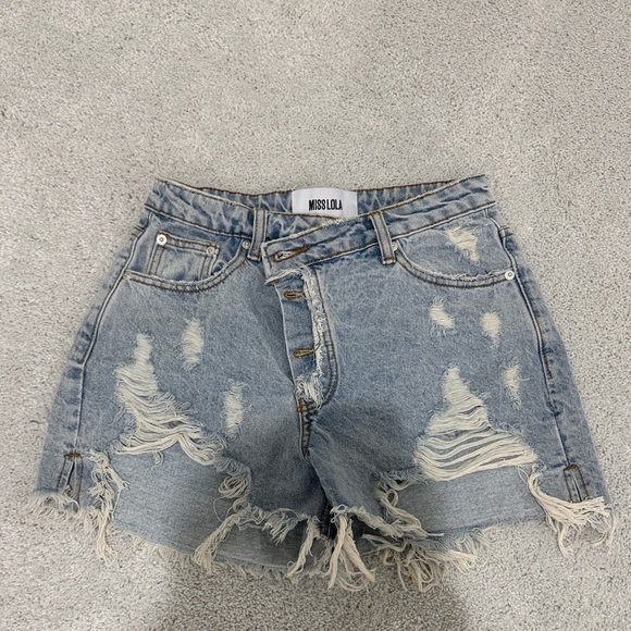 Miss Lola Pants - Miss Lola Light Blue Distressed Jean Shorts
